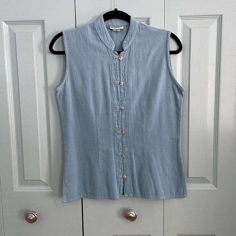 Eucalyptus Button Front Cotton Blouse Tank‎ Blue Sleeveless Embroidered XS READ